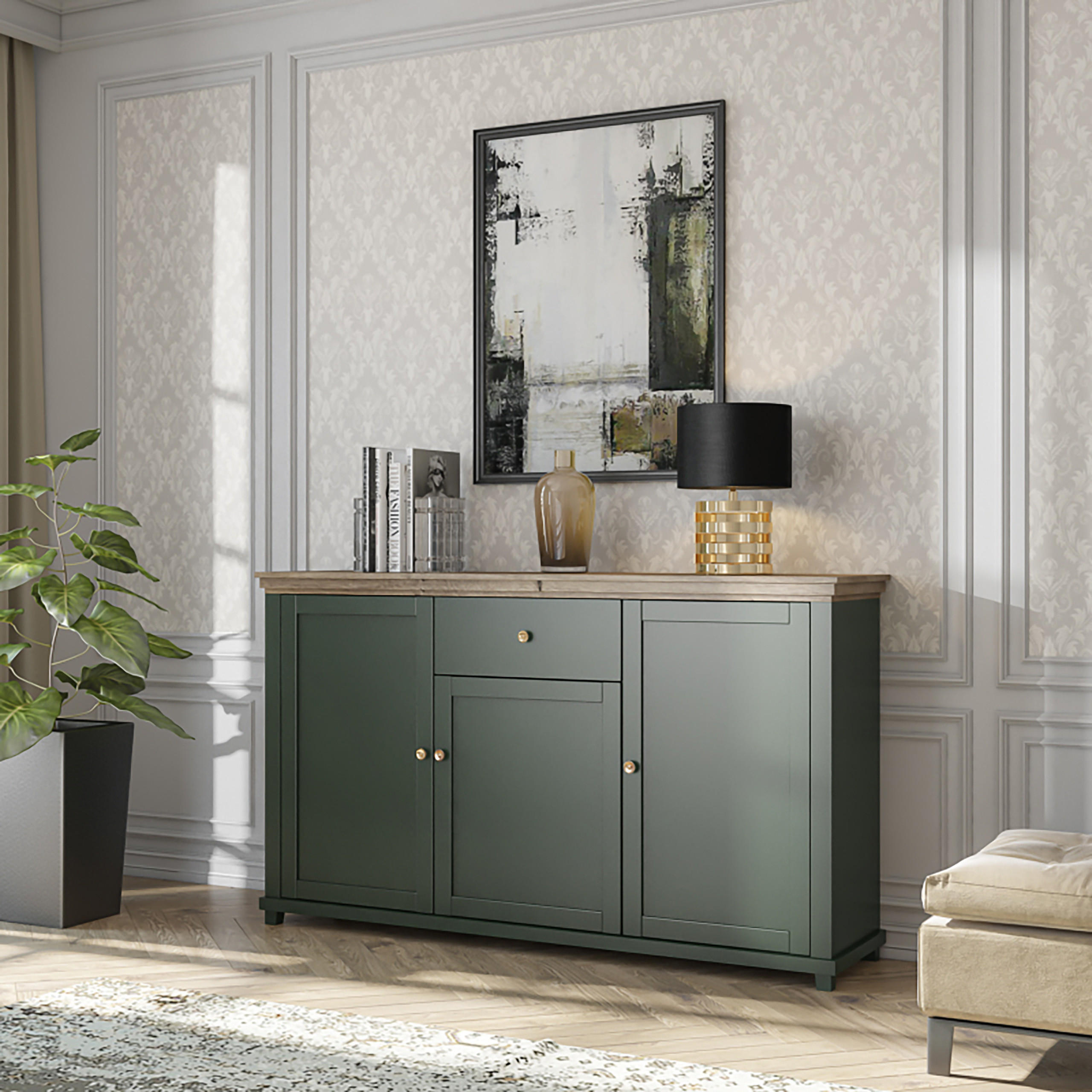 SIDEBOARD EVANDRO 160/93/42 cm mit 1 Schubladen und 3 Türen Grün - Grün, Holzwerkstoff (160/93/42cm) - MASSENO