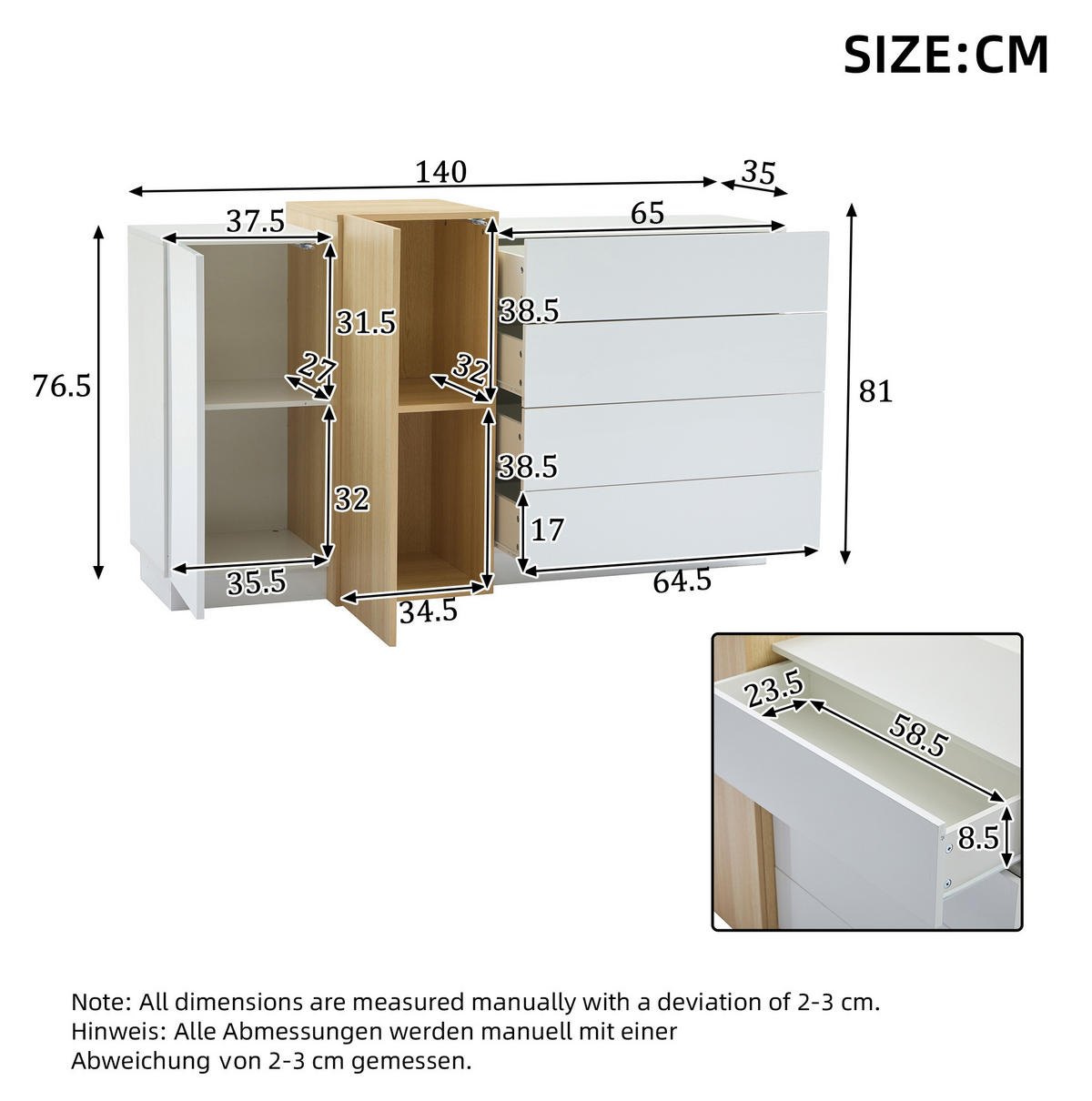 SIDEBOARD 140/35/76,5 cm in Weiß Hochglanz mit 4 Schubladen & 2 Türen - Weiß, Holzwerkstoff (140/76.5/35cm) - BEAOK