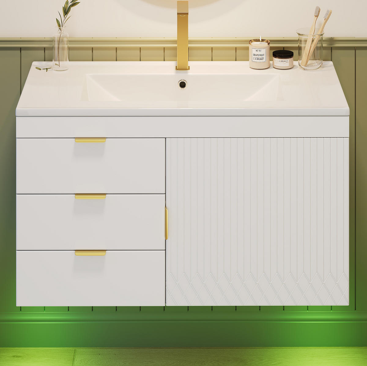 BADEZIMMERSCHRANK MDF 76x46x51 cm Weiß mit LED-App-Steuerung, Keramikwaschbecken, Wandmontage - Weiß, Holzwerkstoff (76/51/46cm) - Modfu
