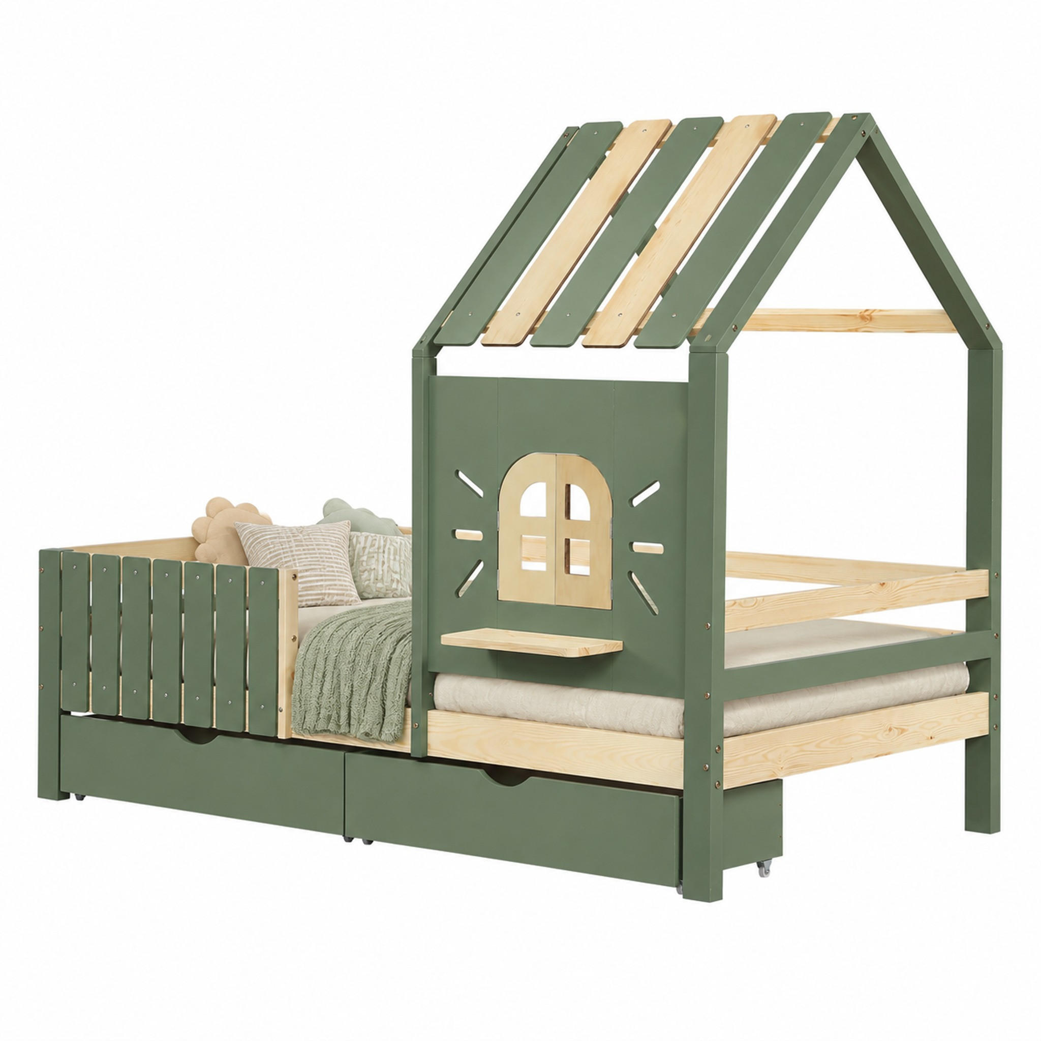 KINDERBETT Hausbett 90x200 cm mit 2 Schubladen Grün Natur - Grün, Holz (90/200cm) - Meubliv