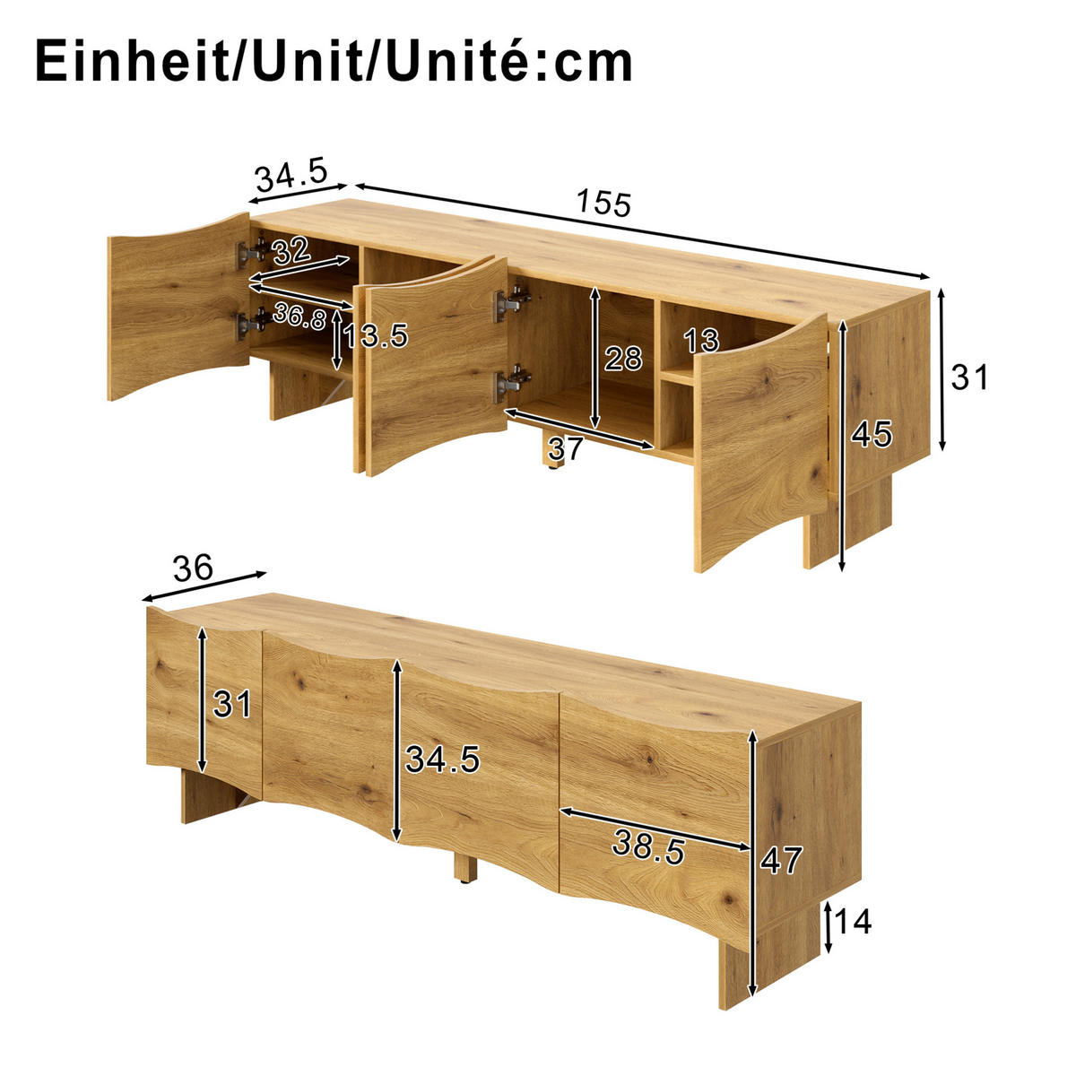 TV-LOWBOARD 155/36/47 cm mit 4 Türen und Kabeldurchlass in Holzoptik - Eichefarben, Holzwerkstoff (155/47/36cm) - BEAOK