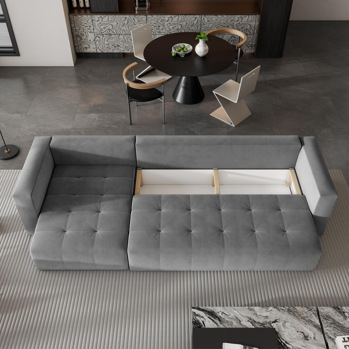 ECKSOFA OLVERA Grau Plüsch-Stoff mit Schlaffunktion - Grau, Holz (347/148cm) - MASSENO