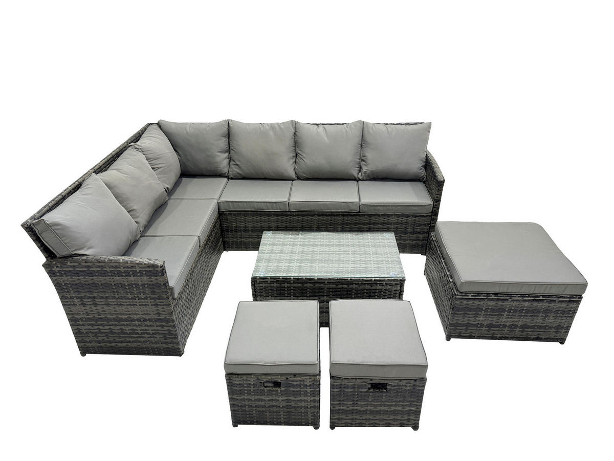 GARTENSET mit Couchtisch, Fußhocker Polyrattan Dunkelgrau 8-Sitzer - Dunkelgrau/Grau, Glas/Kunststoff - Fimous