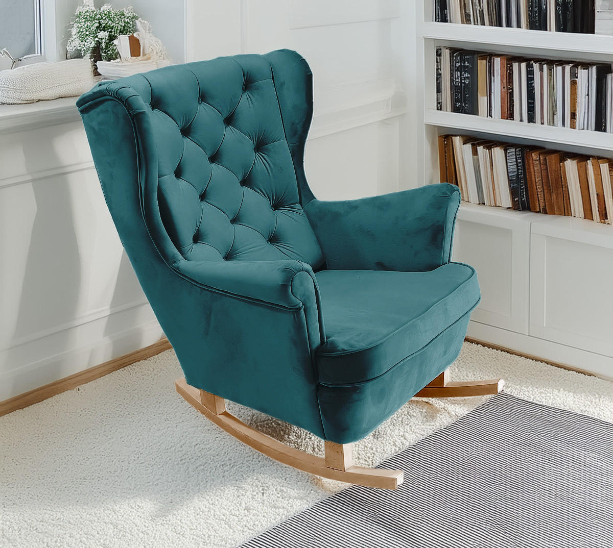 SCHAUKELSESSEL mit gepolstertem Sitz und Armlehnen, 102x81x95 cm, Marine_29860 - Buchefarben/Petrol, Holz/Textil (81/102/95cm) - DomoHome