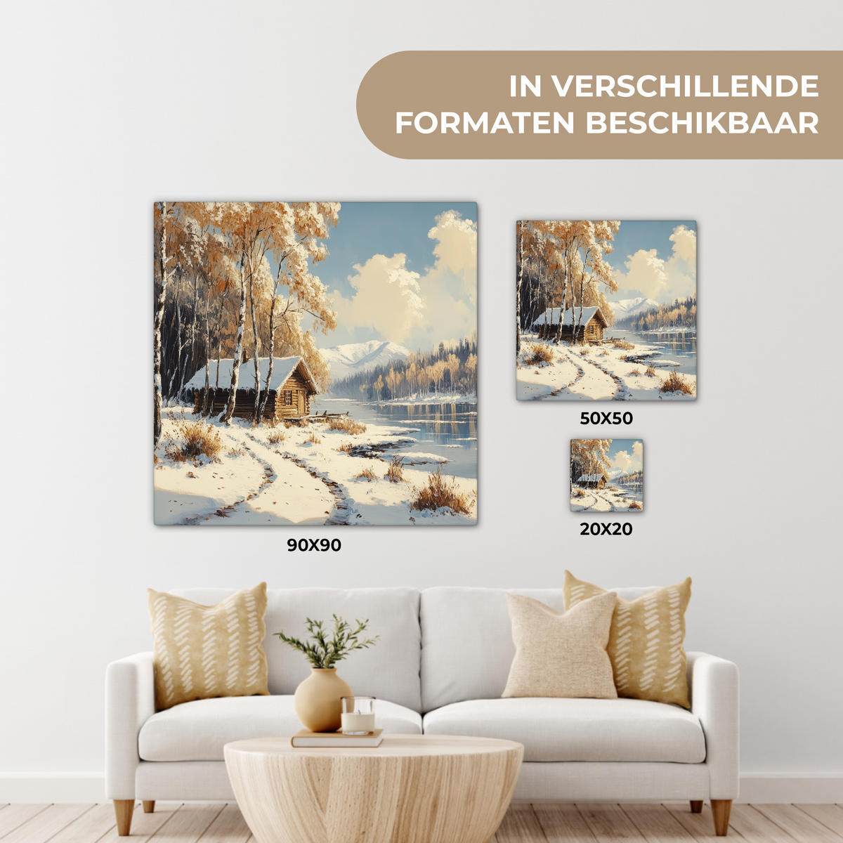 LEINWANDBILD Winter - Schnee - Zuhause - Natur Deko Groß 90x90 cm - Hellbraun, Textil (90/90cm) - MuchoWow