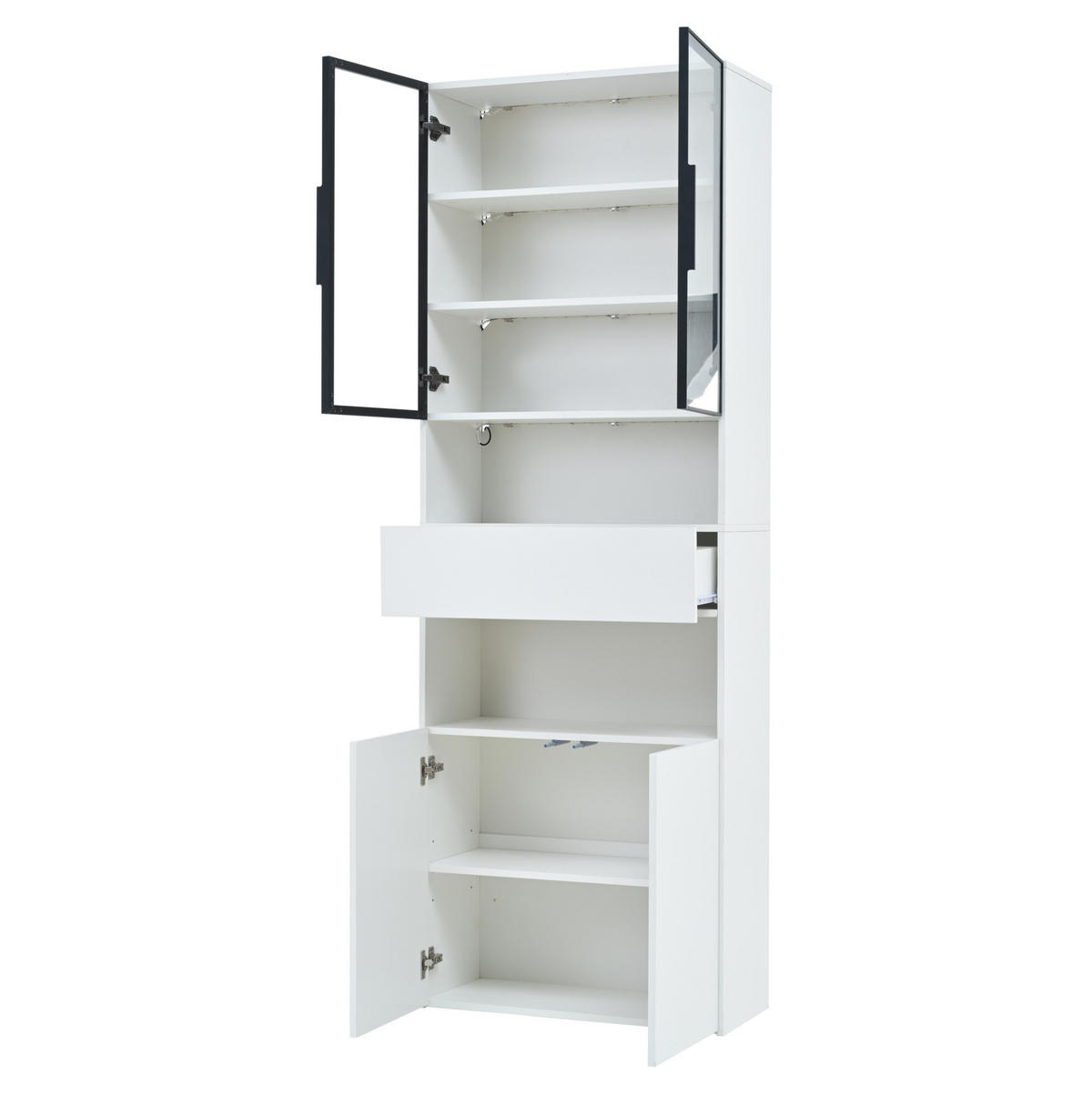 VITRINE 70/30/200 cm aus Spanplatte mit LED-Beleuchtung, Glastüren, Schublade und Unterschrank, Weiß - Weiß, Holzwerkstoff (70/200/30cm) - Redom