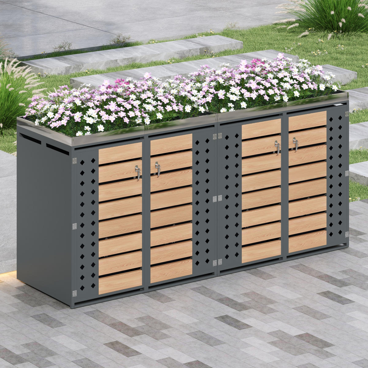 MÜLLTONNENBOX Mit Pflanztrog Holzoptik/Grau - Braun, Metall (132/124.5/80cm) - ComfortXL