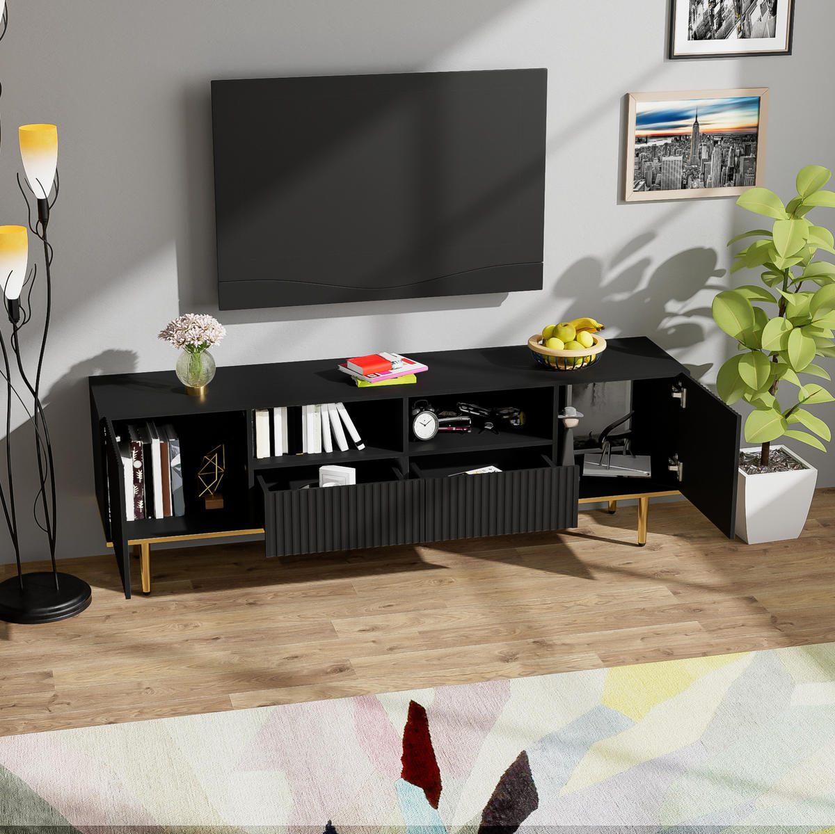 TV-ELEMENT mit 2 Schubladen 165 cm Schwarz/Gold - Schwarz, Holzwerkstoff (36/55/165cm) - Beauniv