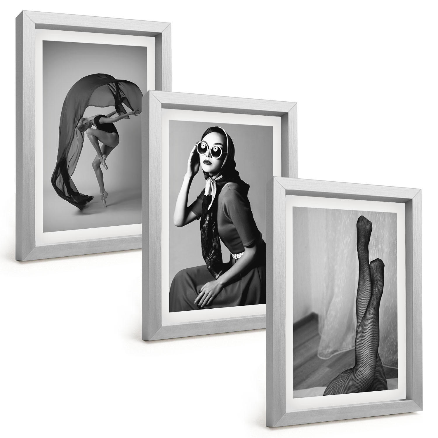 BILDER SET 3er Set - 20x30 cm Silberner Rahmen - Schwarz-Weiß-Porträts von Frauen - Silberfarben, Kunststoff (20/30cm) - TULUP