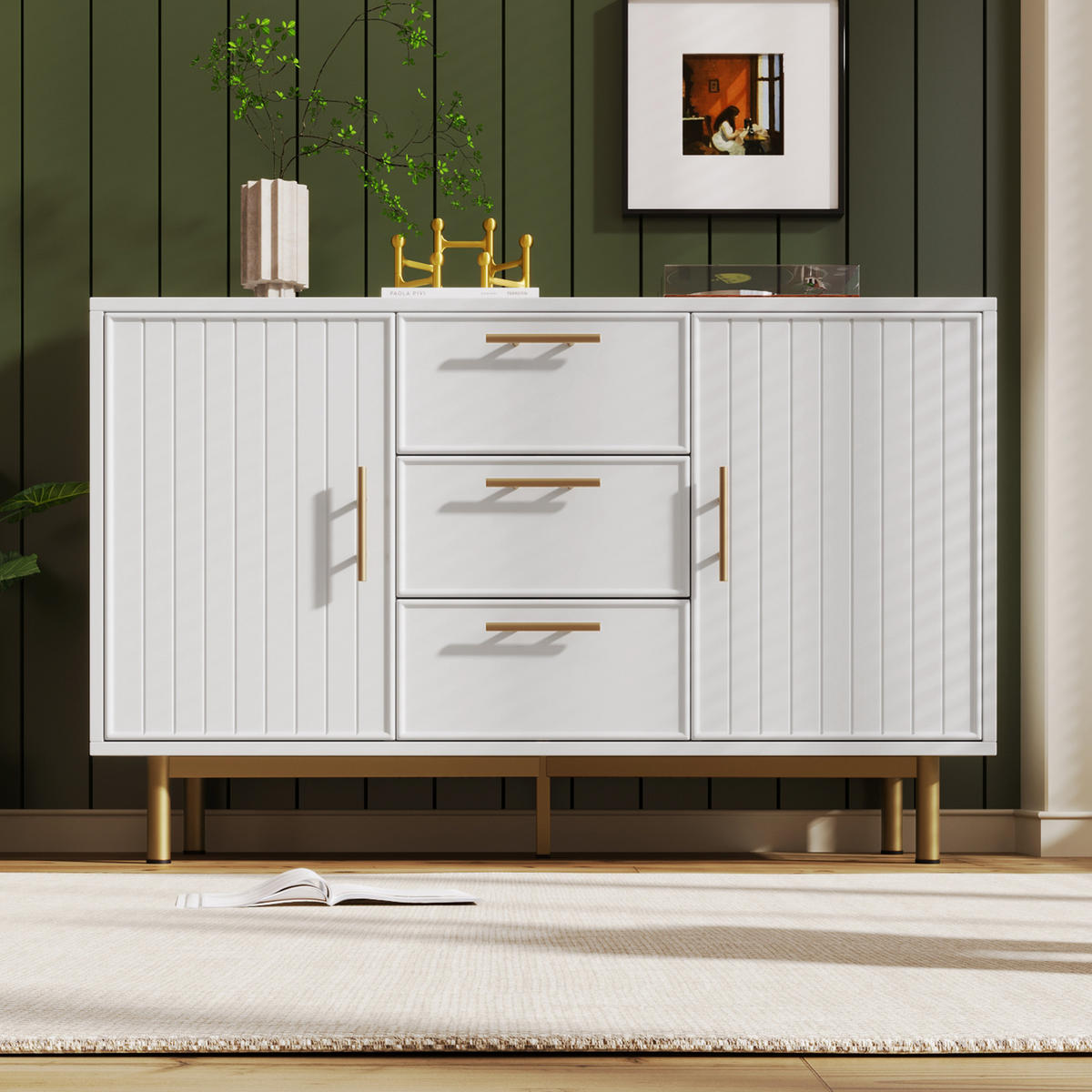 KOMMODE in Weiß Sideboard mit 6 Schubladen für Wohnzimmer und Schlafzimmer, B120/T40/H75 cm - Goldfarben/Weiß, Holzwerkstoff/Metall (120/75/40cm) - STILVORA