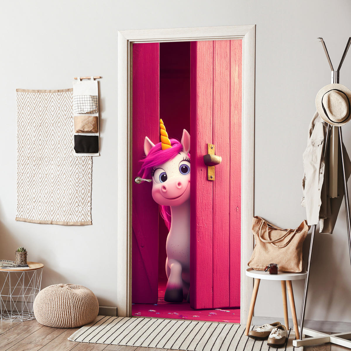 TÜRAUFKLEBER Selbstklebend - Einhorn - Rosa - Tür - Fantasie 95x215 cm - Türtapete - Pink, Kunststoff (95/0.1cm) - MuchoWow