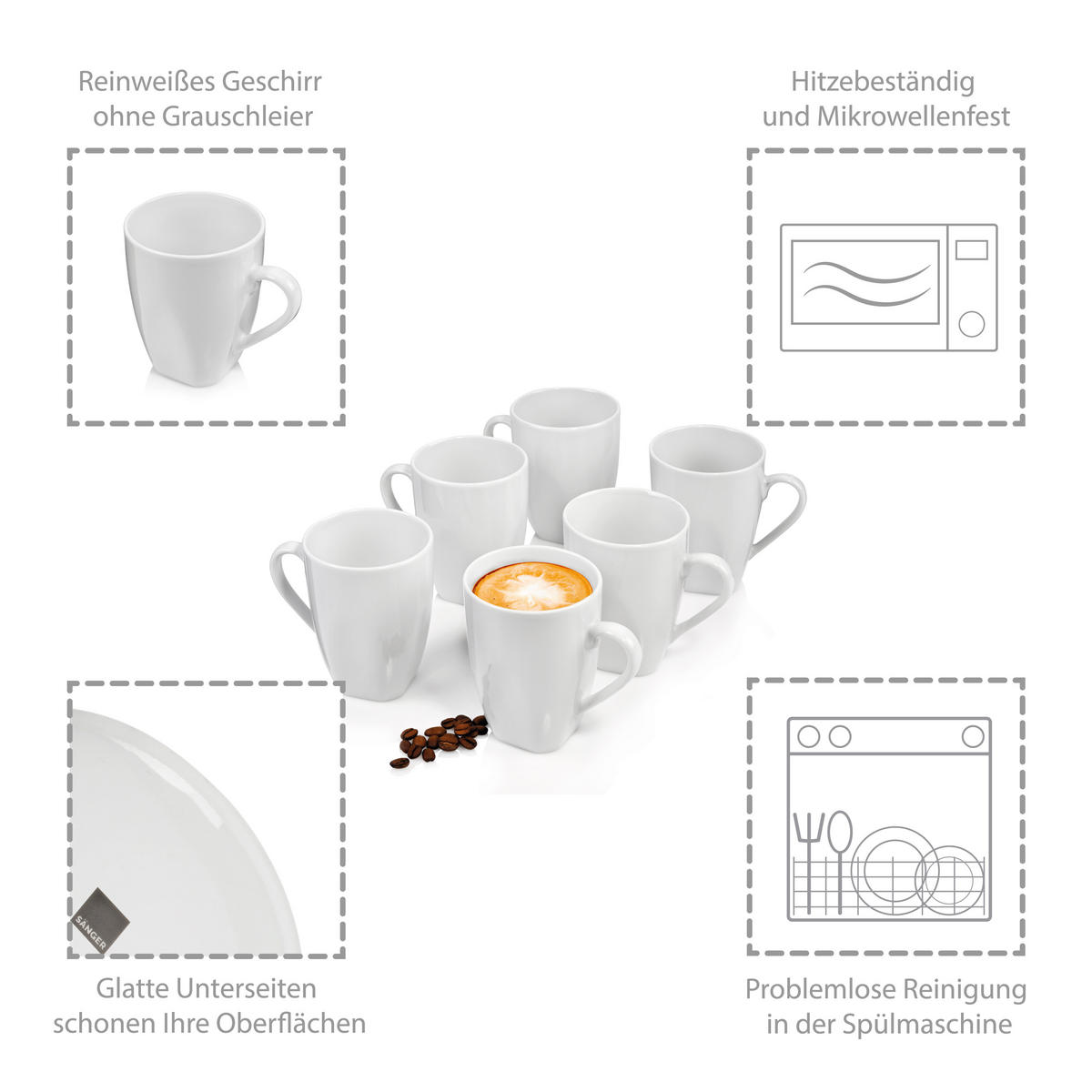 KAFFEEBECHER SET AVALON - 6 teilig aus Porzellan - Weiß, Keramik (32.5/18.5/22.5cm) - Sänger