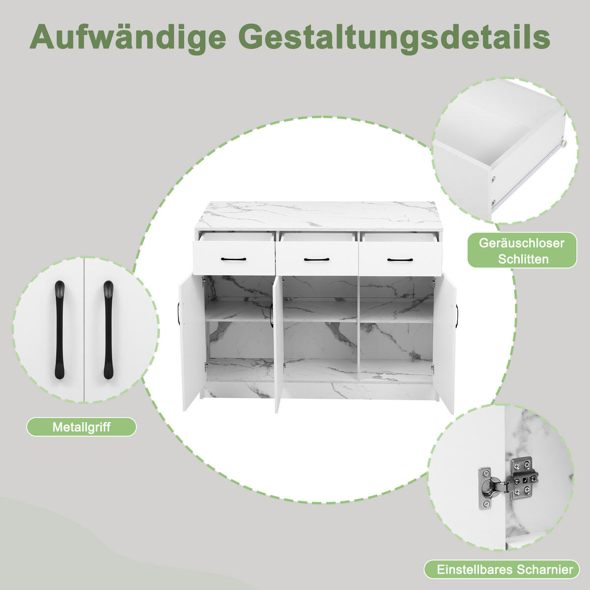 KÜCHENINSEL 120x60x90.5cm Weiß Marmoroptik mit Barbereich,3 Schubladen & Schränken - Weiß, Holzwerkstoff (120/90.5/60cm) - Modfu