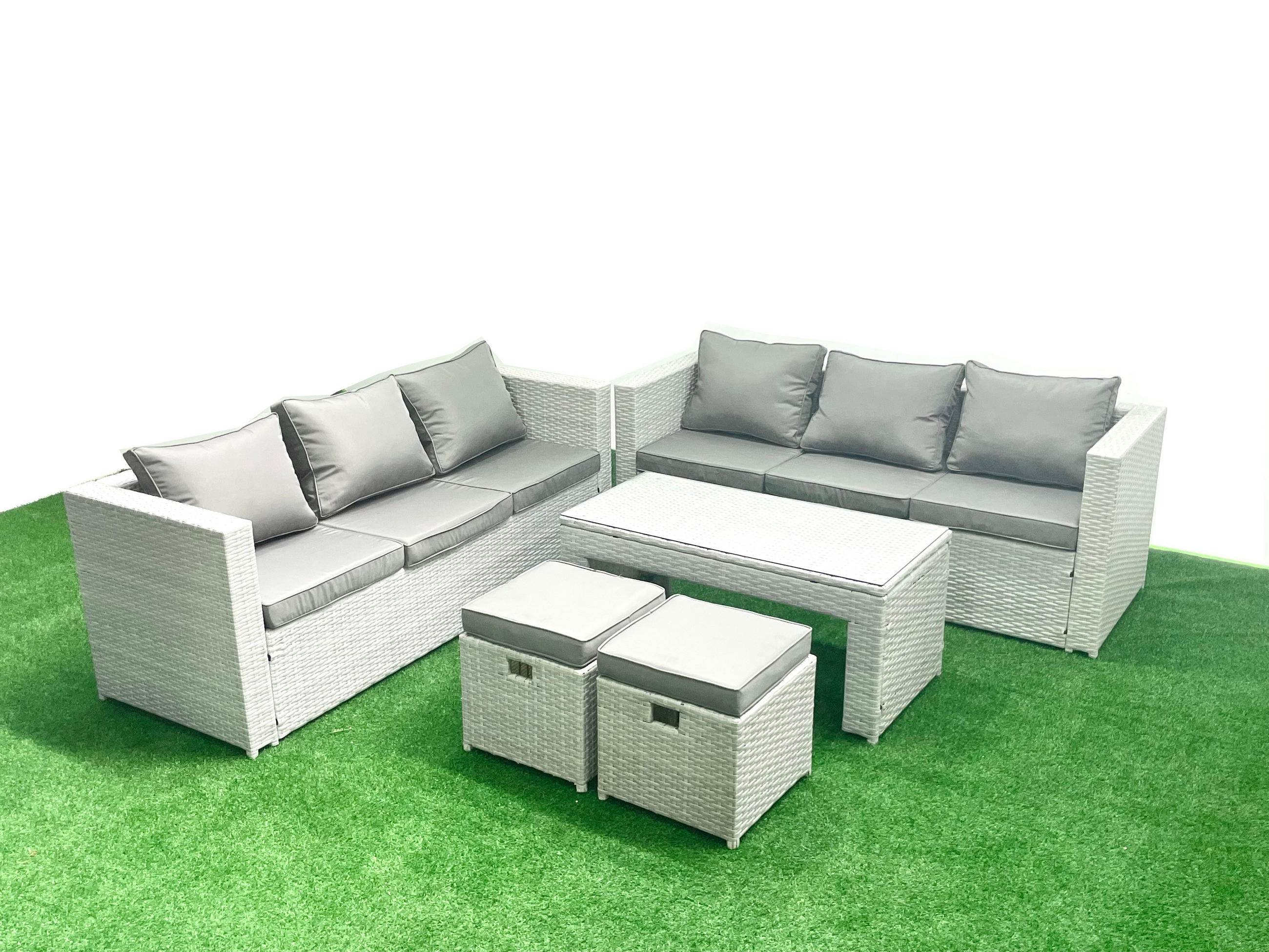 GARTENSOFA hohe Rückenlehne Polyrattan Hellgrau-Mix 8-Sitzer - Hellgrau/Grau, Glas/Kunststoff - Fimous
