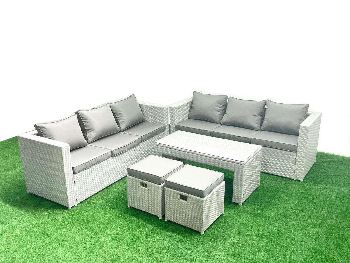 GARTENSOFA hohe Rückenlehne Polyrattan Hellgrau-Mix 8-Sitzer - Hellgrau/Grau, Glas/Kunststoff - Fimous