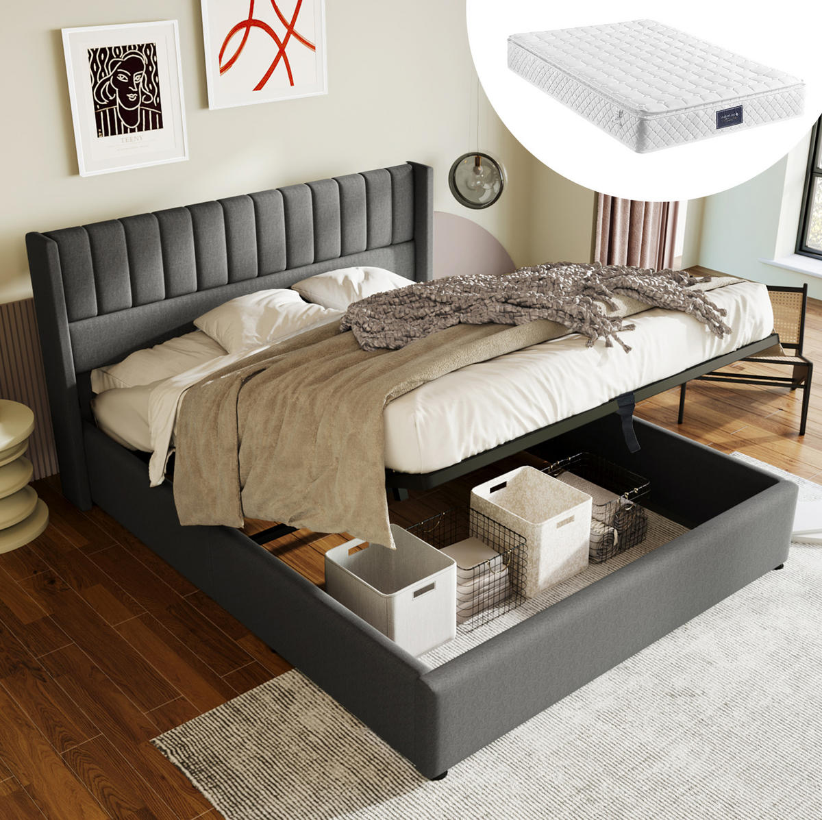 BETT mit Bettkasten 140x200 cm Leinen Grau inklusive Matratze - Grau, Metall (140/200cm) - Meubliv