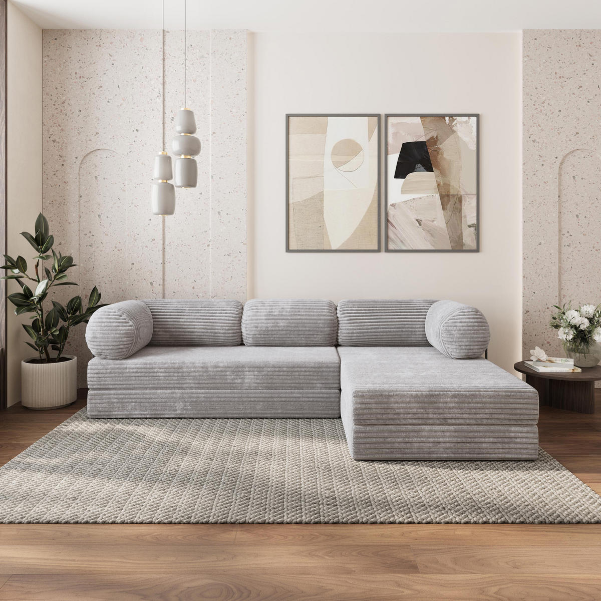 ROHOVÁ SEDAČKA ETERA modulární Boneless pohovka s funkcí spaní, světle šedá TILIA 86 - šedá, textil (270/160cm) - MASSENO