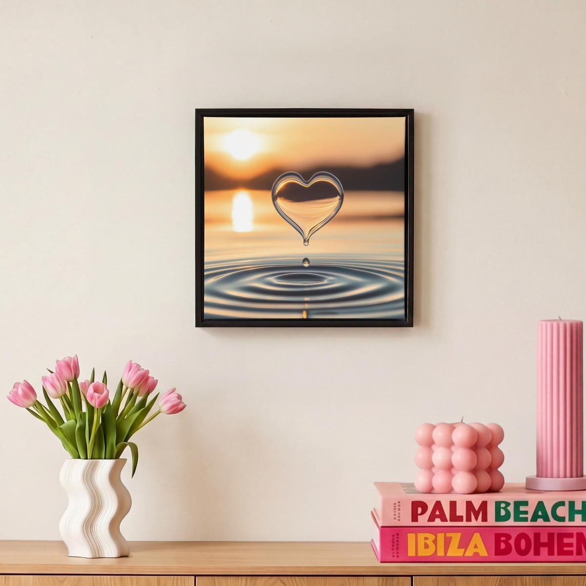LEINWAND Bilder mit Rahmen - Herz - Wasser - Sonnenuntergang - Natur - Zen - 20x20 - Bernsteinfarben, Textil (20/20cm) - MuchoWow
