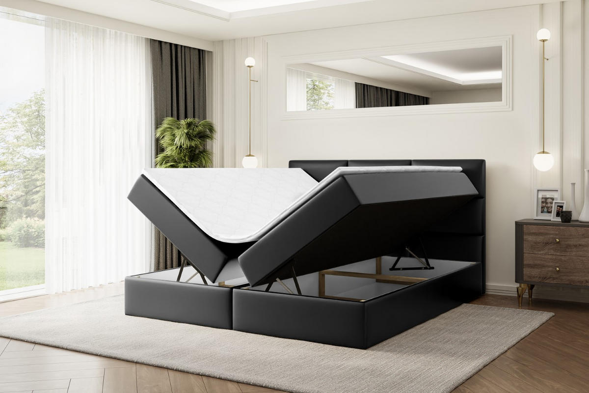 BOXBETT mit Matratze H4 und Lattenrost - OHIO - 160x200 cm - H4 - Schwarz Hochglanz - Schwarz Hochglanz, Holzwerkstoff (160/200cm) - ALTDECOR