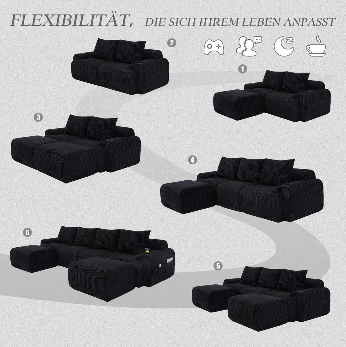 WOHNLANDSCHAFT 4-Sitzer mit 2 Hockern Getränkehalter und Seitentasche 333/174/80 cm Schwarz - Schwarz, Textil (174/80/333cm) - Redom