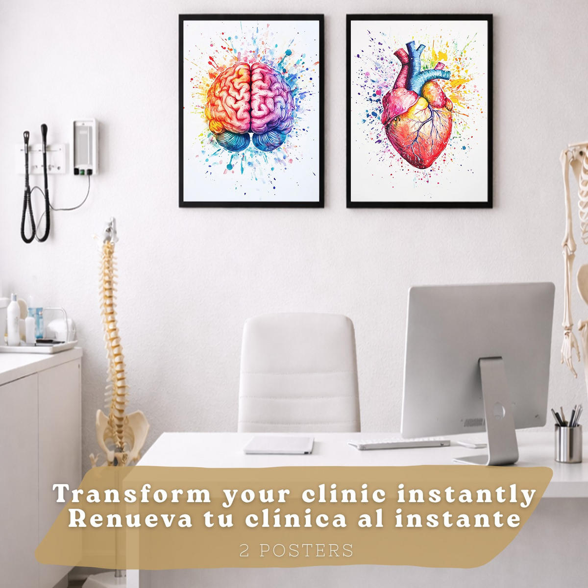 POSTER Set aus 2 Anatomie Drucke und Wandbilder mit Gehirn und Herz Künstlerische Mehrfarbig Aquarell Illustration Größe Schwarzer Rahmen A4 - Schwarz, Papier (21/29.7/3cm) - Nacnic