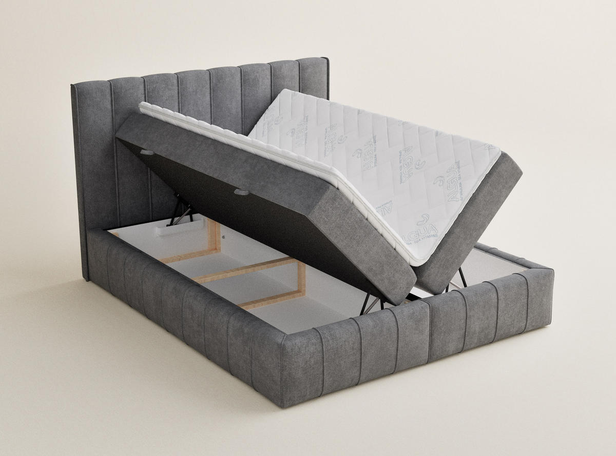 BOXBETT Moretti 200/200 cm, in Grau, Bettkasten, Matratze, Topper - Schwarz/Grau, Holz/Holzwerkstoff (200/200cm) - Maison de Reve