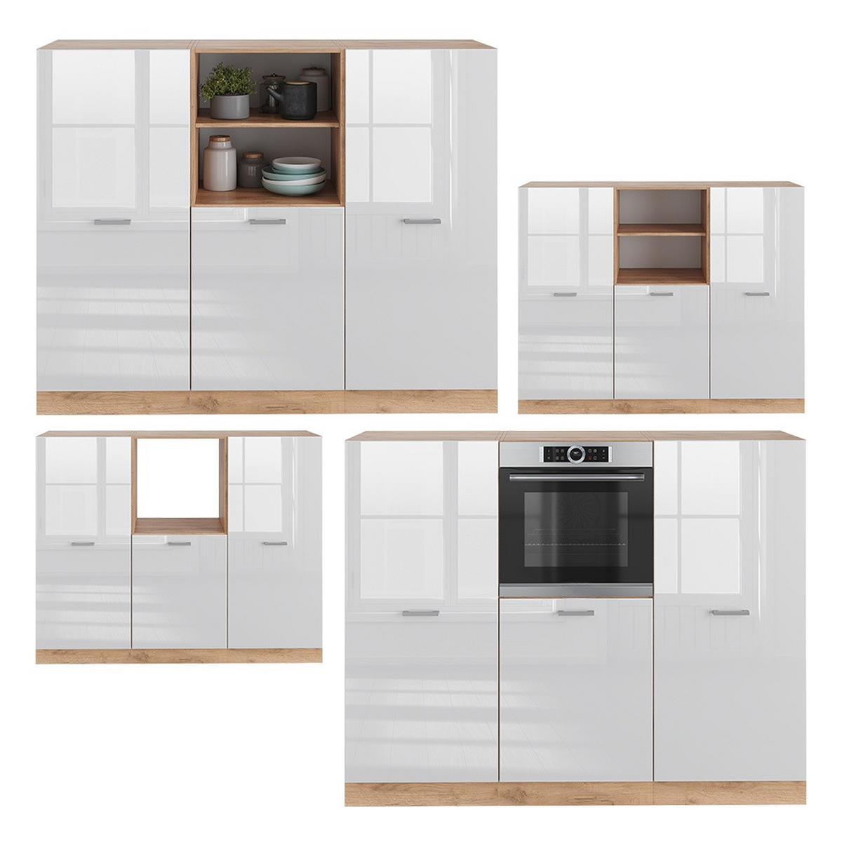 KÖKSBLOCK R-Line Vit högblank/Goldkraft ek 180 cm utan bänkskiva - Honungsek/Vit högglans, Träbaserade material (180/143/46cm) - Vicco
