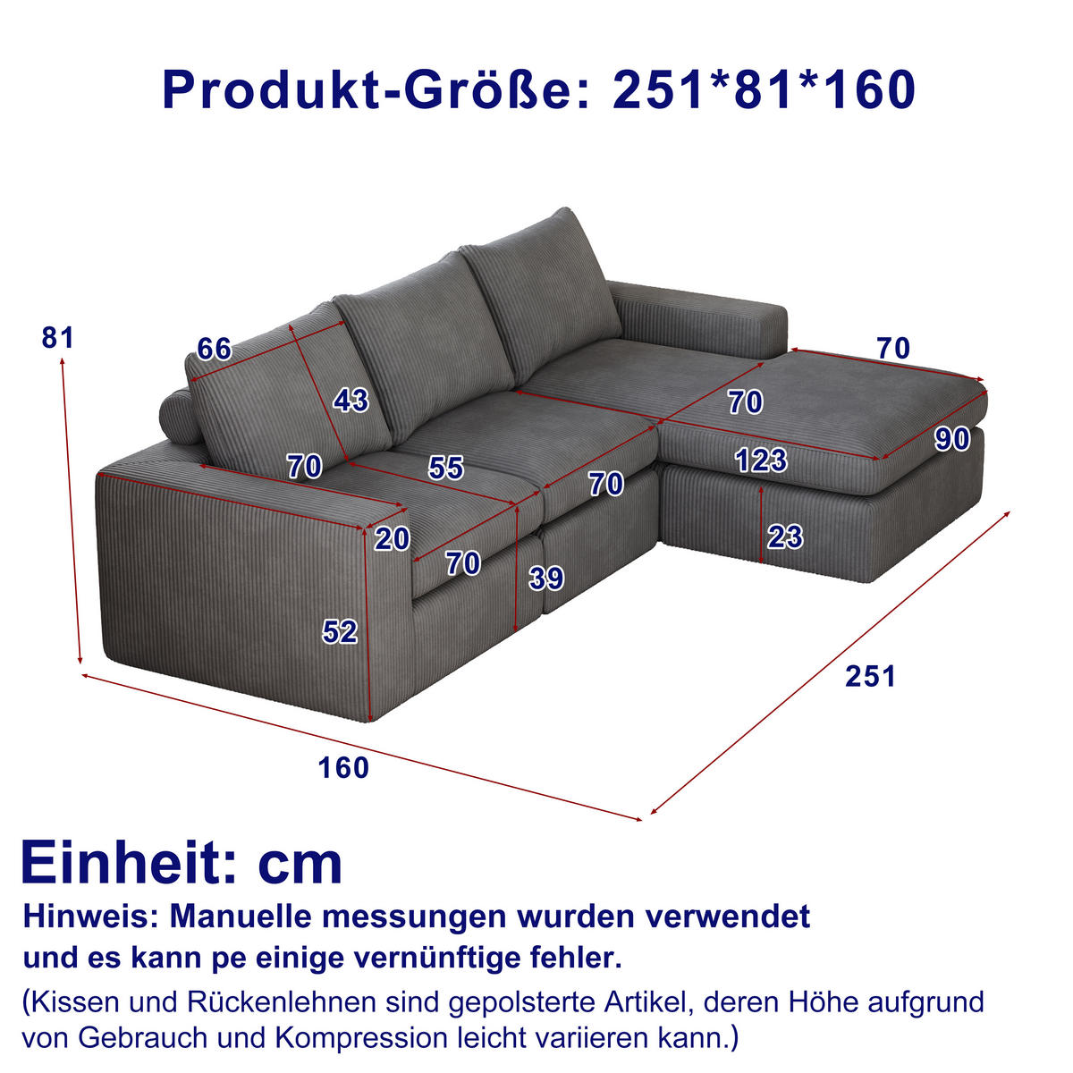 ECKSOFA DE-34529 modular mit 3 Nackenkissen Dunkelgrau - Dunkelgrau, Textil (160/251cm) - ComfortXL