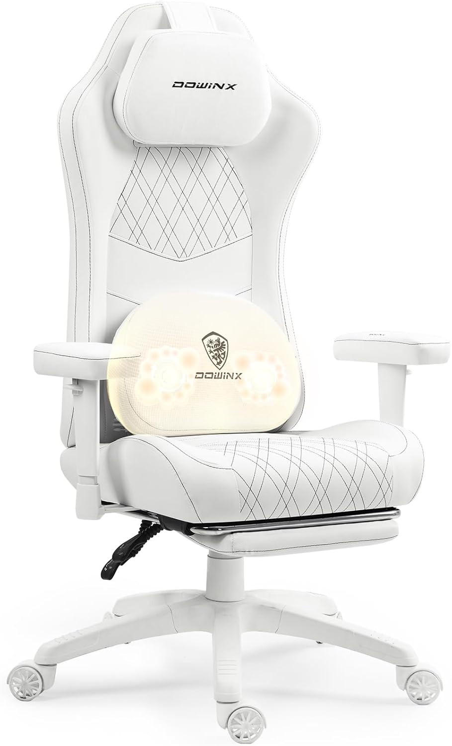 GAMING Stuhl &Massage-Wärmefunktion, atmungsaktivem Taschenfederkissen - Weiß, Leder (60/127/60cm)