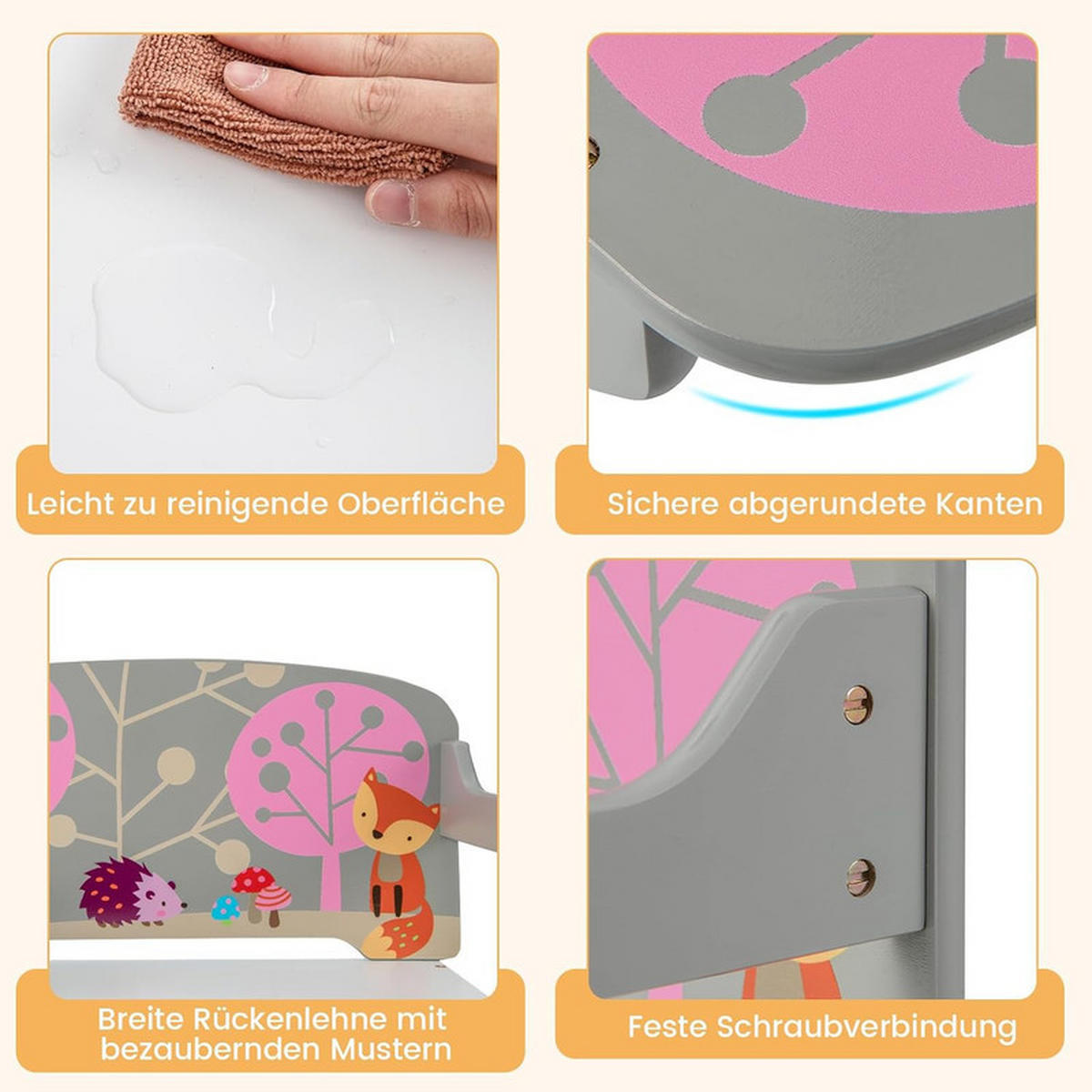KINDERSITZBANK 3-in-1 Tisch-Sitzbank-Set grau - Grau, Holzwerkstoff (60/57/42cm) - COSTWAY