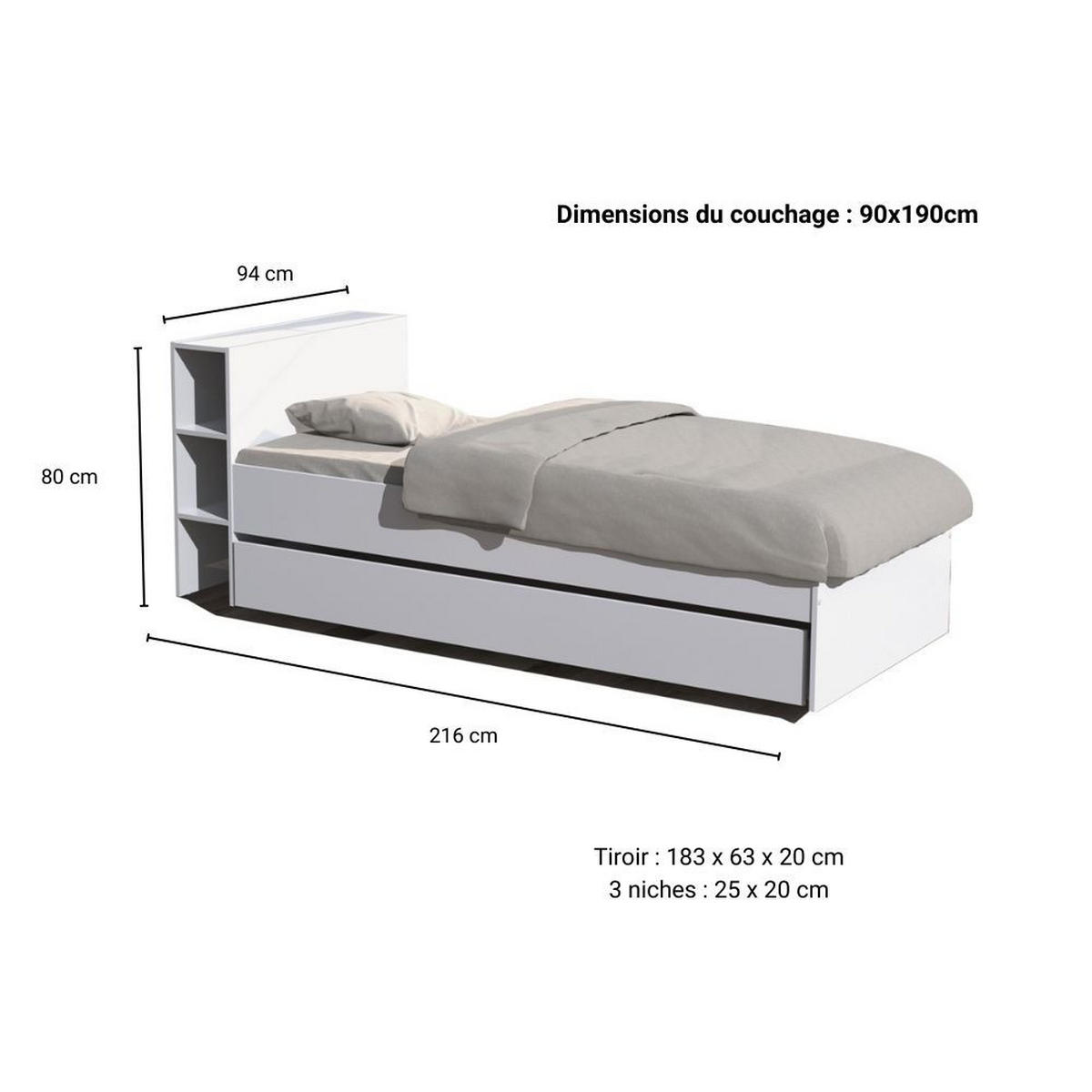 BETT MIT KOPFTEIL RIGA mit Schublade / Bett 90x190 - Weiß - Weiß, Holzwerkstoff (90/190cm) - Weber Industries