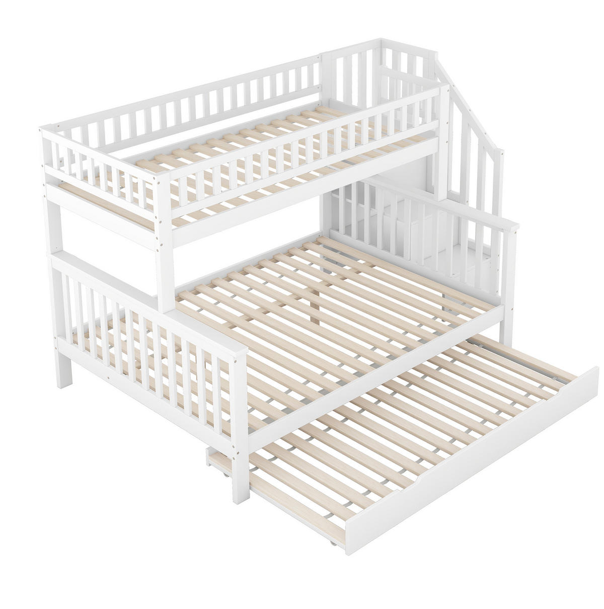 ETAGENBETT 90/200 und 140/200 cm Weiß mit Rollbett und Treppe Ohne Matratze - Weiß, Holz (90/200cm) - OKWISH