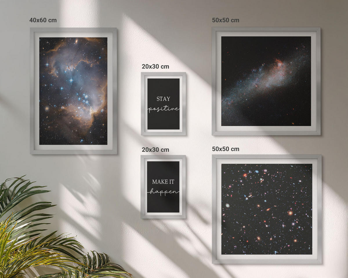 WANDBILDER 5er Set - 50x50 cm & 20x30 cm & 40x60 cm Silberner Rahmen - Motivationsslogans Sterne Weltraum - Silberfarben, Kunststoff (40/60cm) - ArtPrintCave