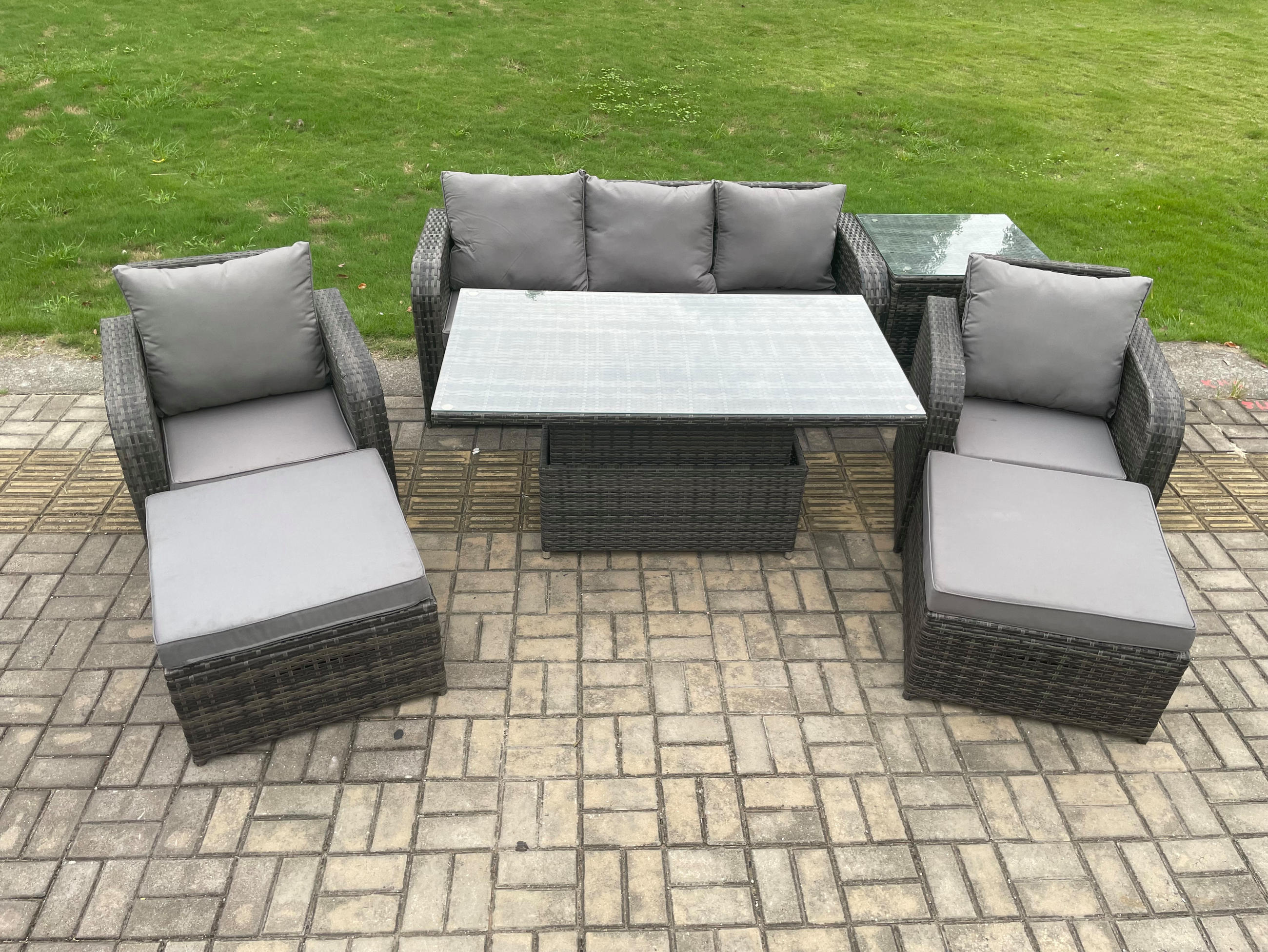 GARTENMÖBEL-SET HÖHENVERSTELLBARER ESSTISCH 3-SITZER SOFA BEISTELLTISCH Polyrattan Outdoor 7-Sitzer - Dunkelgrau/Grau, Glas/Kunststoff - Fimous