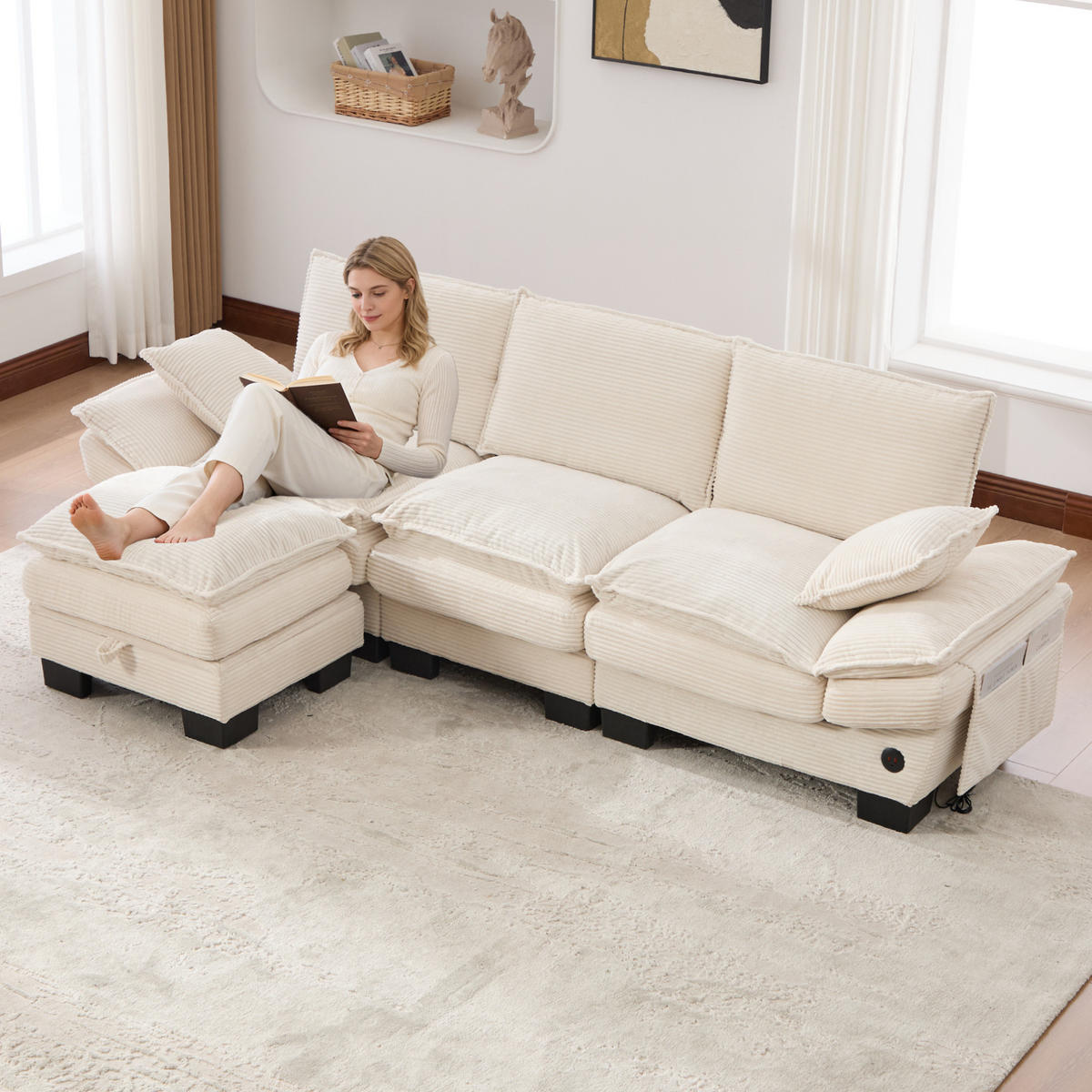 SOFA 3-Sitzer modular 260 x 132 x 84 cm Corduroy Beige mit Hocker - Beige, Kunststoff (132/260cm) - Meubliv