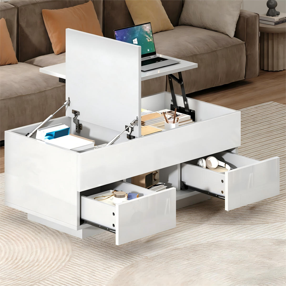 COUCHTISCH 100/45/43 cm Weiß aus Holzwerkstoff mit höhenverstellbarer Klappplatte LED und 2 Schubladen - Weiß, Holzwerkstoff (100/45/43cm) - OKWISH