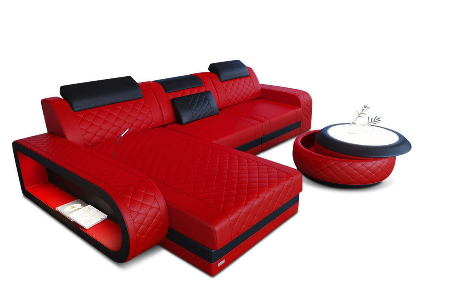 ECKSOFA Sofa Berlin Rot Schwarz Echtleder - Rot, Leder (308/198cm)