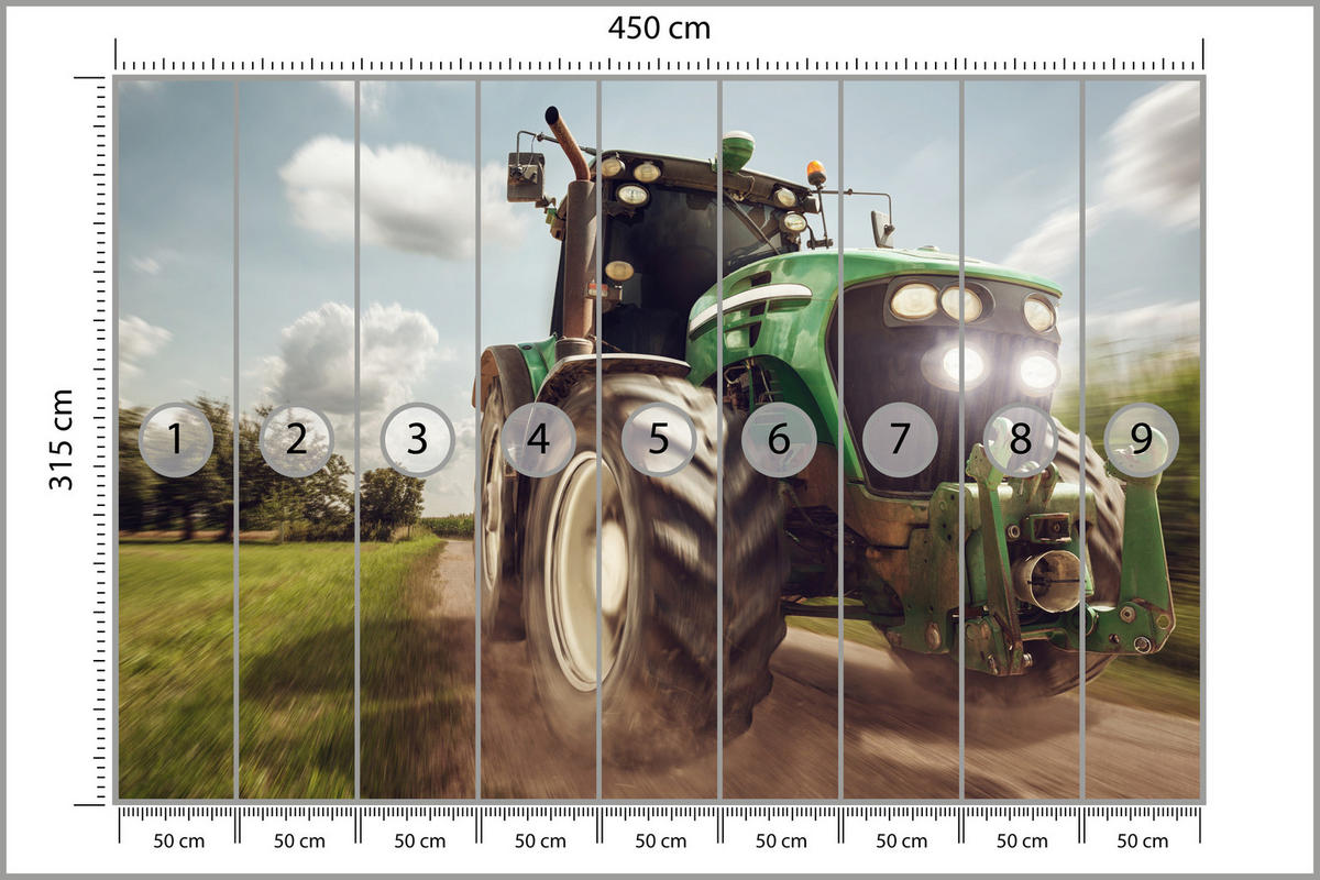 FOTOTAPETE Fahrender Traktor Bäume Vegetation Landwirtschaft 450x315 - Schwarz/Weiß, Papier (450/315cm) - Muralo