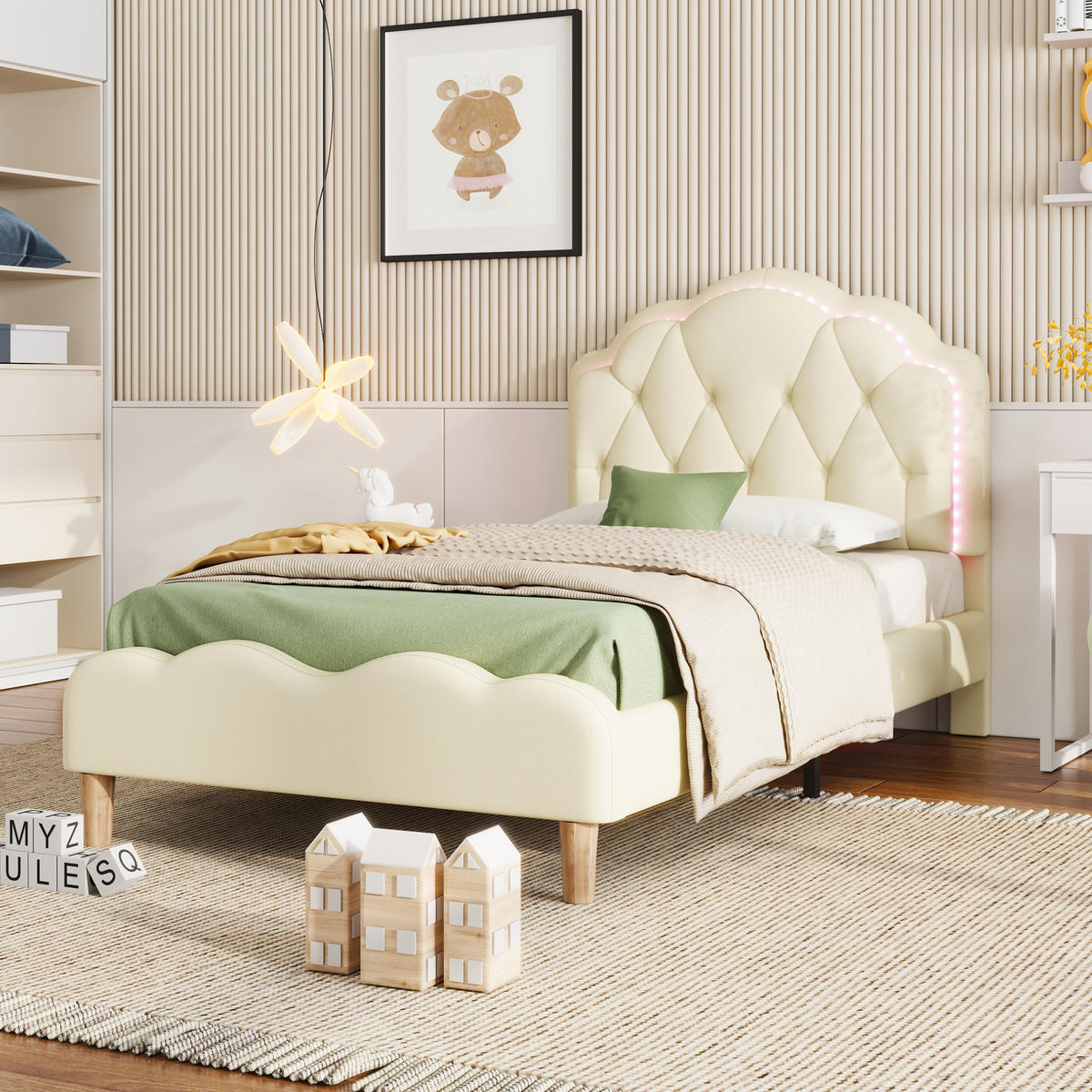 POLSTERBETT mit LED-Beleuchtung 90/200 cm in Beige mit gepolstertem Kopfteil - Beige, Kunststoff (90/200cm) - BEAOK