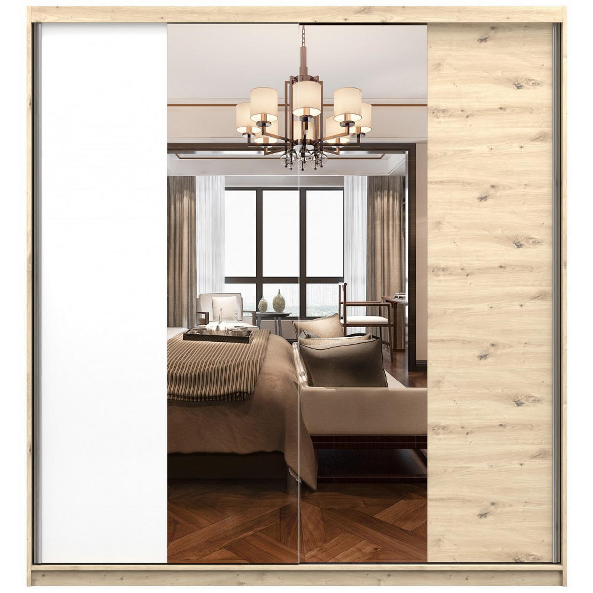 SCHWEBETÜRENSCHRANK - Marsylia Artisan Eiche/Weiß mit Spiegel 203 cm - Alufarben/Weiß, Glas/Holzwerkstoff (203/218/61cm) - imoebel24