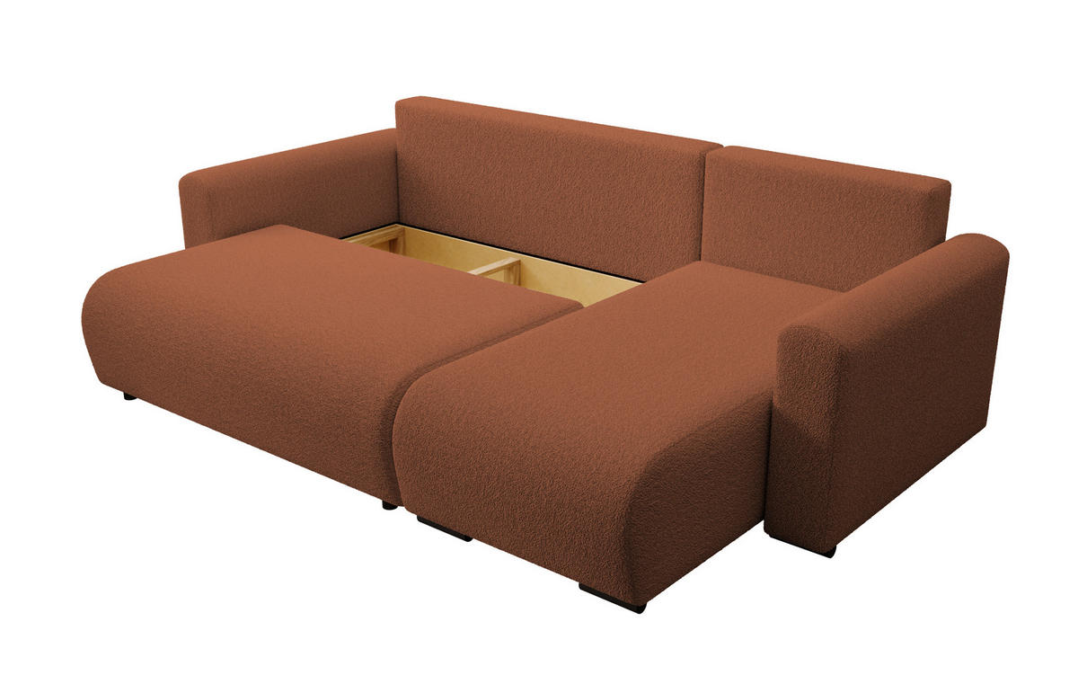 ECKSOFA DORA L, Eckcouch in L-Form mit Schlaffunktion und Bettkasten, Farbe: Orange, Bouclé-Stoff, Ottomane Rechts - Orange, Textil (240/143cm) - Storez24