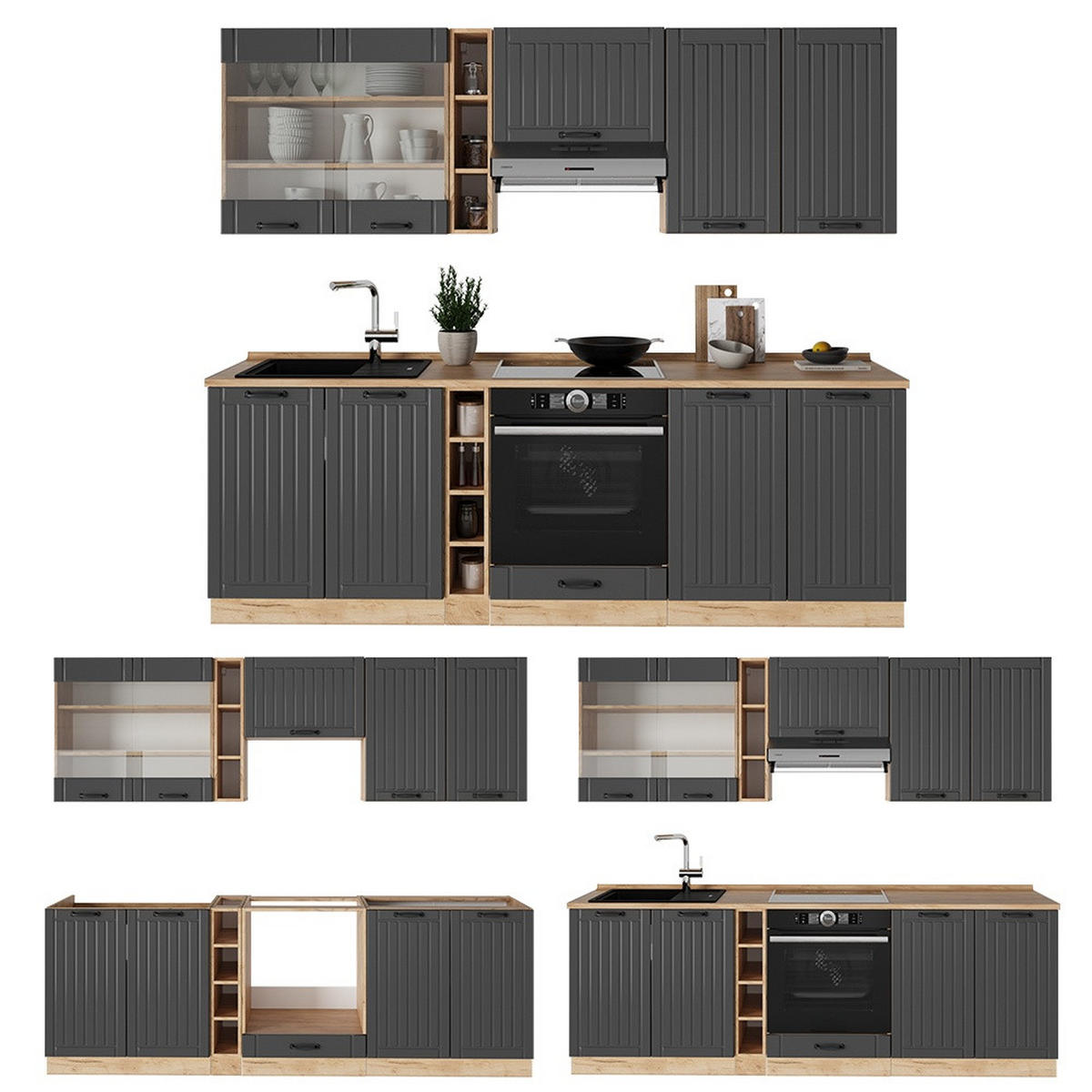 KÜCHENZEILE Fame-Line Dunkelgrau 235 cm , AP Marmor - Honigeiche/Dunkelgrau, Holzwerkstoff (235/81.6/60cm) - Vicco