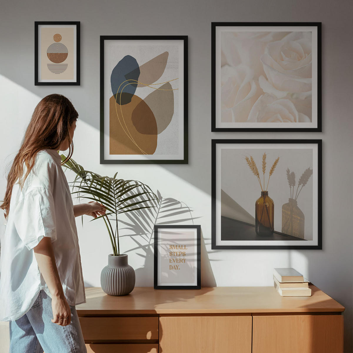 WANDBILDER 5er-Set - 50x50 cm & 20x30 cm & 40x60 cm Schwarzer Rahmen - Abstrakte Formen Akzente - Schwarz, Kunststoff (40/60cm) - ArtPrintCave