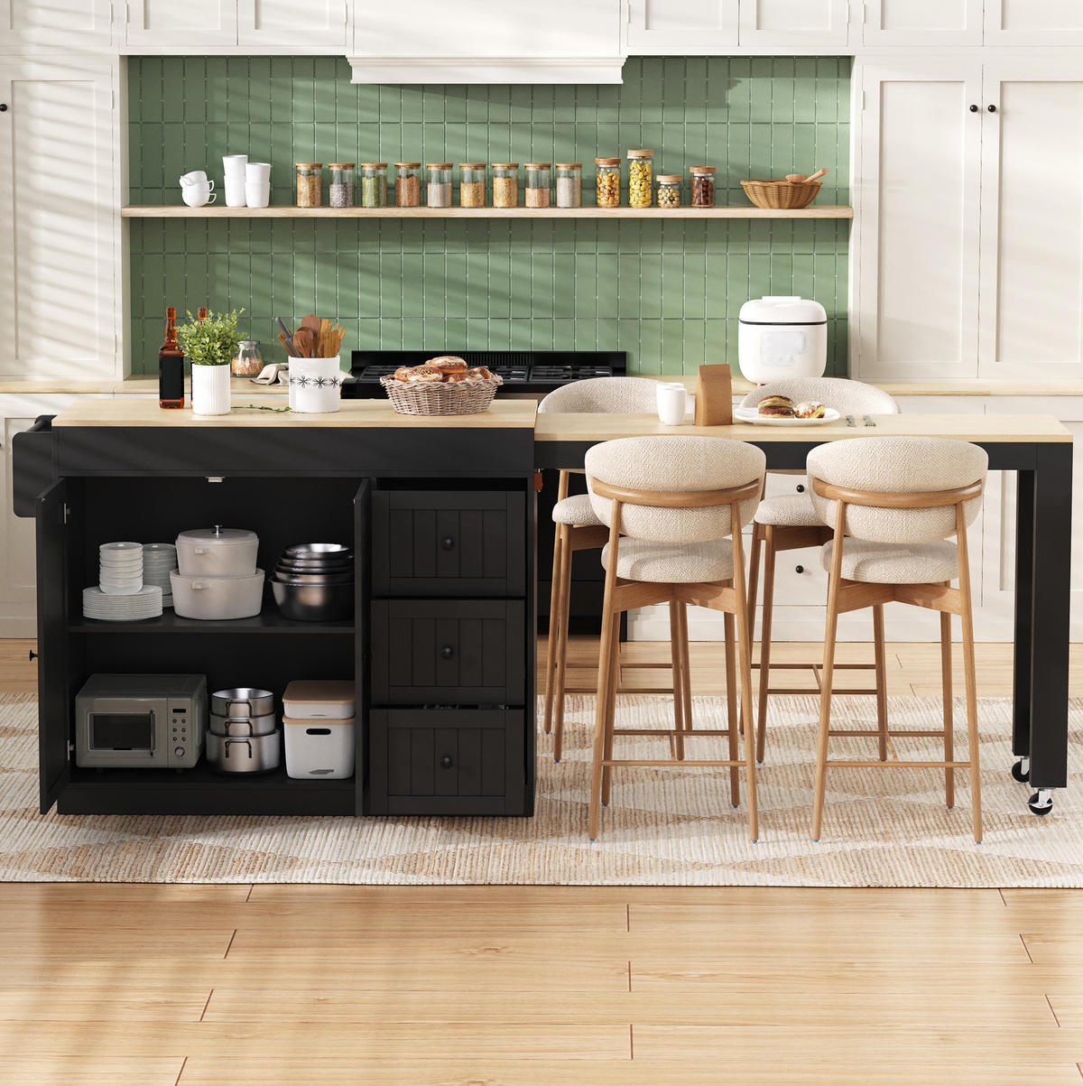 KÜCHENINSEL 112-186,8/45/93 cm aus MDF mit ausziehbarer Arbeitsplatte, 3 Schubladen und Gewürzregal, Schwarz - Schwarz, Holzwerkstoff (130/93/45cm) - Redom