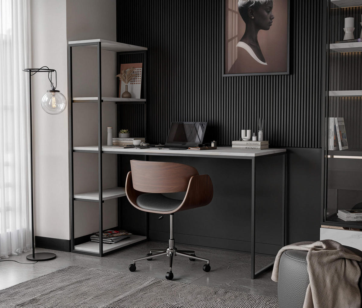 SCHREIBTISCH LUMO mit regal, 152/60/160 cm Marmor Bianco/Schwarz - Weiß Hochglanz/Schwarz, Holzwerkstoff (152/60/160cm) - Idohome