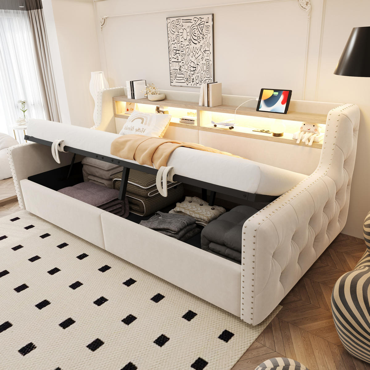 POLSTERBETT 90/200 cm aus Samt mit LED-Beleuchtung, Beige - Beige, Textil (90/200cm) - OKMYHOME
