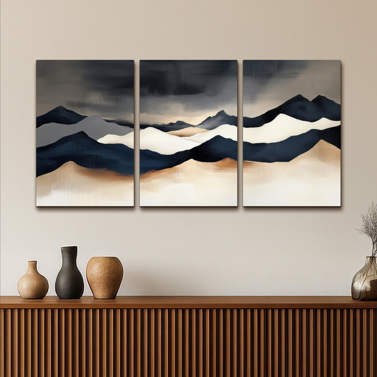 LEINWANDBILD 3er Set Landschaft - Abstrakt - Modern 120x60 cm - Dunkelblau, Textil (120/60cm) - MuchoWow