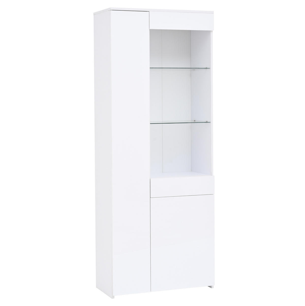 VITRINE aus Spanplatte 70x35x180 cm Weiß mit LED-Beleuchtung, Schublade und Hochglanzfront - Weiß, Holzwerkstoff (70/180/35cm) - Modfu