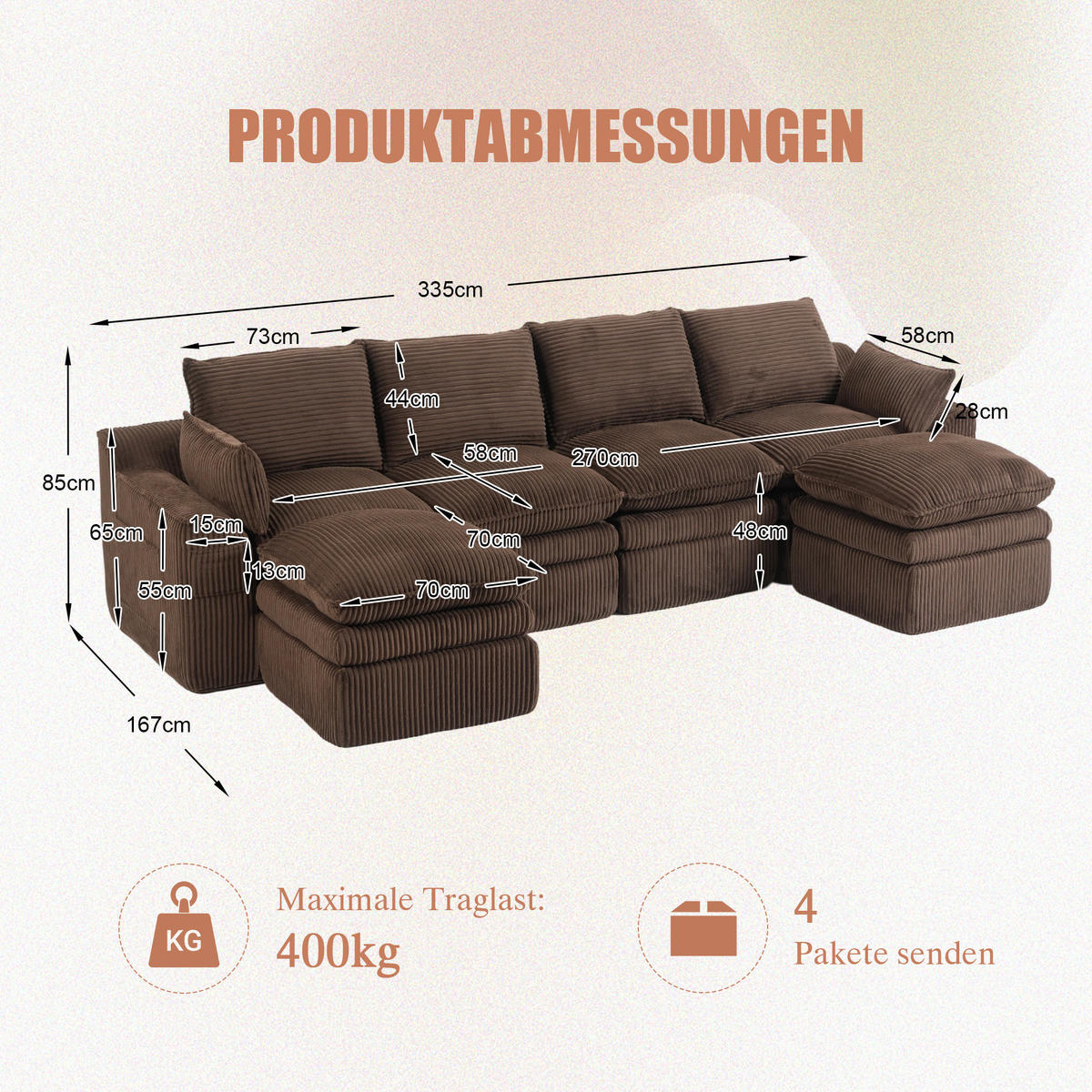 WOHNLANDSCHAFT Cord Braun mit Kissen, Seitentaschen und Hocker - Braun, Textil (335/85/167cm) - WISHDOR