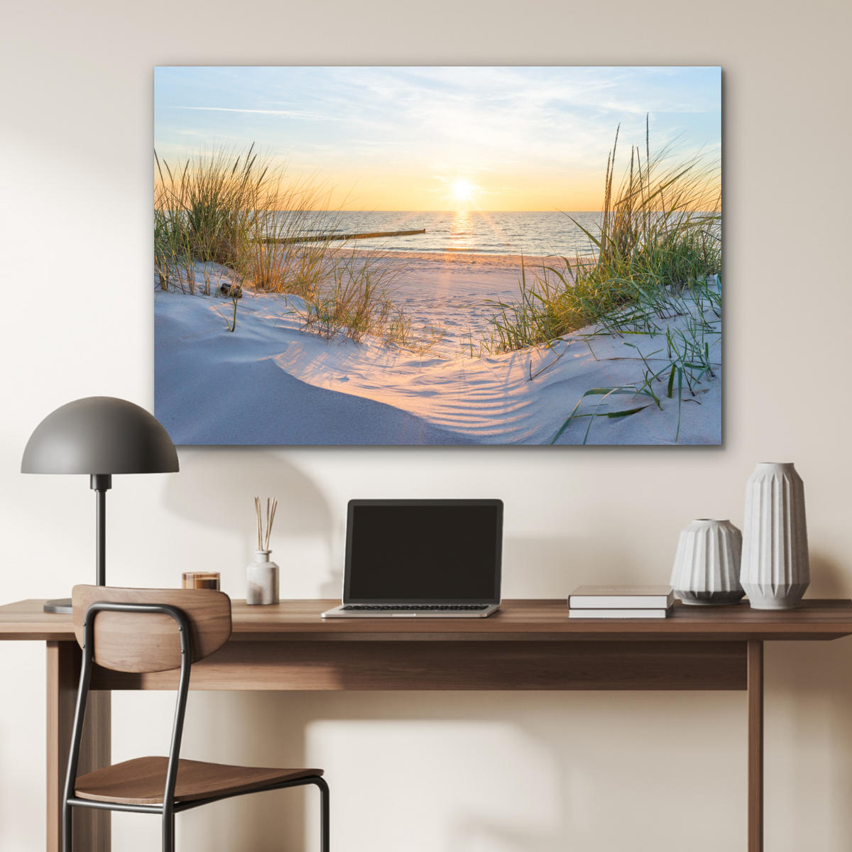METALLBILD Strand - Sonne - Düne - Gras - Sand - Horizont 120x80 cm - Hellblau, Metall (120/80cm) - MuchoWow